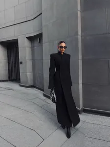 Women Elegant Wool Blend Long Overcoat Padded Shoulder Slim Waist Boss Lady Style Winter Warm Woolen Trench Coat