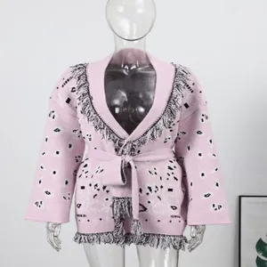 Gilet en maille rose style ethnique pour femme avec franges et ceinture pour la mode automne