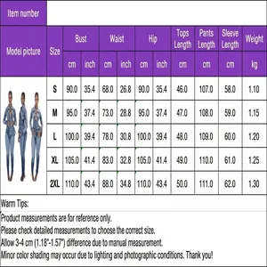 Detailed size guide for women's patchwork denim two-piece set with metric measurements
