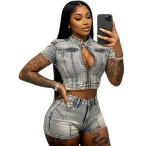 Sexy women's high-stretch washed denim two-piece set with zip-up crop top