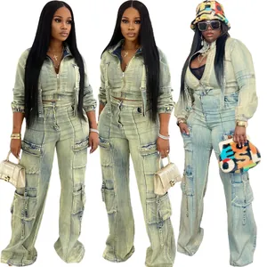 Detailed view of women's two-piece washed denim set with multi-pocket cargo pants and jacket