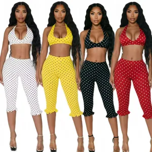 Women's sexy polka dot two-piece halter top and cropped pants set in 4 vibrant colors