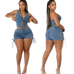 Sexy women's halter lace-up washed denim two-piece set with shorts
