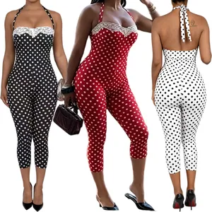 Sexy polka dot halter jumpsuit with lace trim showing front side and back views