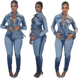 Fashionable two-piece patchwork denim set shown from front and side views on a model.