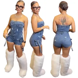 Front, side, and back views of a sexy strapless denim cargo romper with pockets