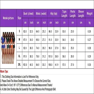 Detailed size guide for NY8189 women's casual yoga two-piece set showing cm and inch.