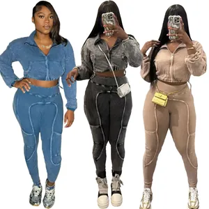 Three colors of women's acid wash ribbed two-piece sets with crop jackets
