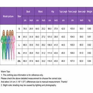 Detailed size chart for women's two-piece knit sweater set with two-way zipper.