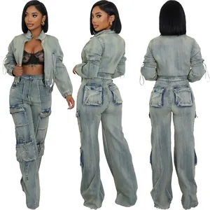 Full view of women's washed denim two-piece set featuring multi-pocket cargo pants