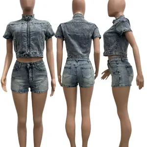 Detail view of a 2-piece denim set showing front, back and side angles on a mannequin