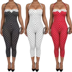 Three-color set of polka dot halter jumpsuits with lace trim details