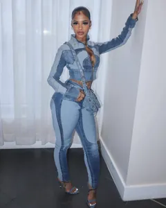 Fashionable patchwork washed denim two-piece set with cropped jacket and skinny jeans