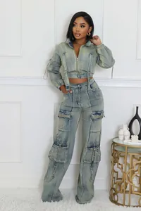 Stylish women's washed denim two-piece set with multi-pocket cargo pants