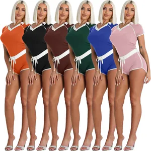 Two-piece yoga set for women in six colors featuring a V-neck top and shorts