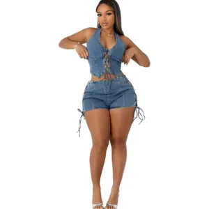 Sexy halter neck lace-up denim two-piece set with shorts in washed blue for women