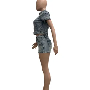 Side view of a high-stretch washed denim two-piece set featuring a jacket and shorts
