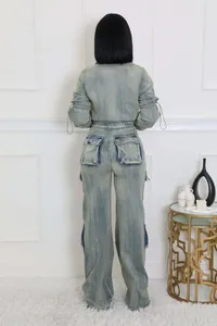 Detailed back view of trendy acid washed denim two-piece set with large cargo pockets.