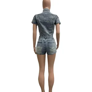 Back view of a fashionable washed blue high-stretch denim two-piece casual set.