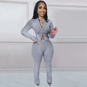 Full view of women's grey ribbed knit two-piece tracksuit set with double zipper jacket