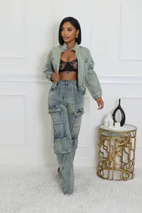 Stylish 2-piece washed denim set with multi-pocket cargo pants and jacket