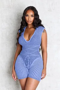 Combishort en maille côtelée bleu clair sexy avec col en V et lacets à la taille