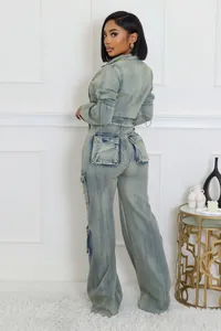 Back view of a trendy washed denim two-piece set featuring cargo pants and a cropped jacket