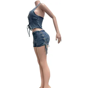 Detailed side view of sexy denim two-piece set featuring halter top and lace-up shorts