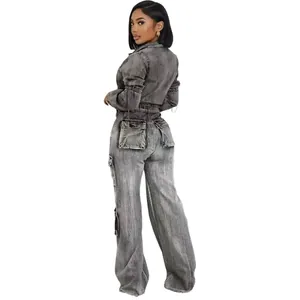 Zweiteiliges Acid-Wash-Denim-Set mit mehreren Taschen und hoher Elastizität für Damen