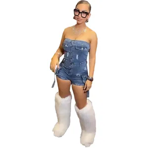 Fashionable strapless denim jumpsuit featuring large cargo pockets and slim fit design