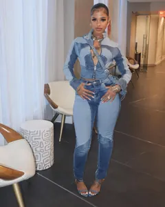 Close-up of the stylish high-elasticity patchwork denim two-piece outfit details for women