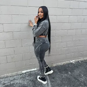 Women's acid wash gray patchwork crop top and leggings set for casual streetwear