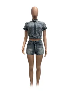 Fashionable high-stretch washed denim two-piece casual set featuring zip-up top and matching shorts