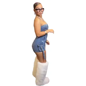 Detailed view of sexy strapless denim jumpsuit featuring functional side cargo pockets