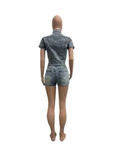 Washed grey denim two-piece set featuring short-sleeve top and slim-fit shorts back view