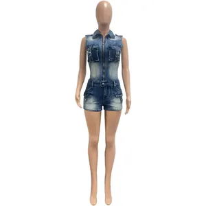 Stijlvolle mouwloze gewassen denim jumpsuit met ritssluiting en handige zakken