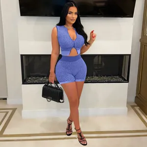 Stylish blue knitted two-piece set for women with double-ended zipper detail.