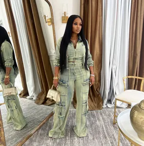 Stylish high-stretch washed denim two-piece cargo set for women in a trendy light green