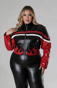 Veste de moto grande taille pour femmes noire et rouge avec broderie de flammes et patchwork