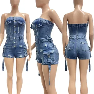 Front side and back views of a sexy strapless washed denim romper with 3D pockets
