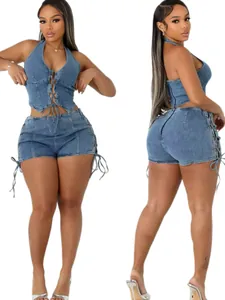 Women Sexy Halter Lace Up Denim Top And Bottom High Elastic Washed Sleeveless Vest And Shorts Casual Summer Blue Streetwear Outfit