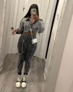 Stylish women's two-piece acid-washed grey casual set with cropped jacket and pants