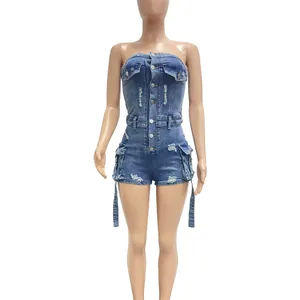 Strapless distressed denim romper with front buttons and cargo pockets shown on mannequin