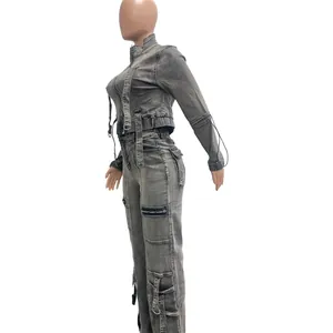 Modisches graues Denim-Zweiteiler-Set mit Cargo-Taschen für Damen, sexy und dehnbar
