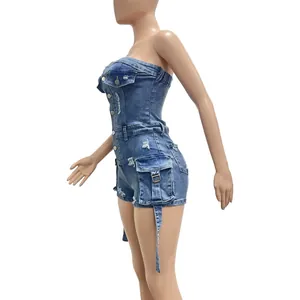 Side view of a sexy strapless blue denim romper with cargo pockets and distressed details