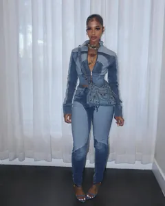 Stylish women's high-elastic patchwork denim two-piece set in washed blue.