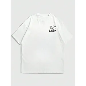 Casual wit katoenen heren T-shirt met een schattige berengrafiek en 'Smile' opdruk.