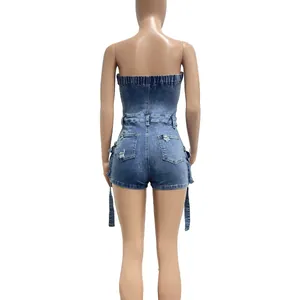 Back view of a sexy strapless washed blue denim romper with functional pockets