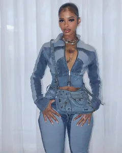 Detailed view of women's patchwork denim set including a jacket and matching pants