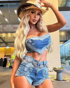 Sexy heart-shaped washed denim two-piece set with crop top and shorts on model
